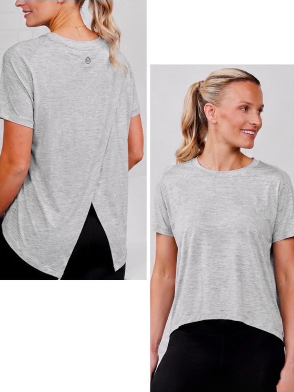 TASC Light Grey Split-Back Short Sleeve Active Tee Yoga T-Shirt Athleisure Top